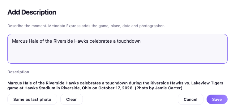 The Add Description box with a typed sentence and the full caption below