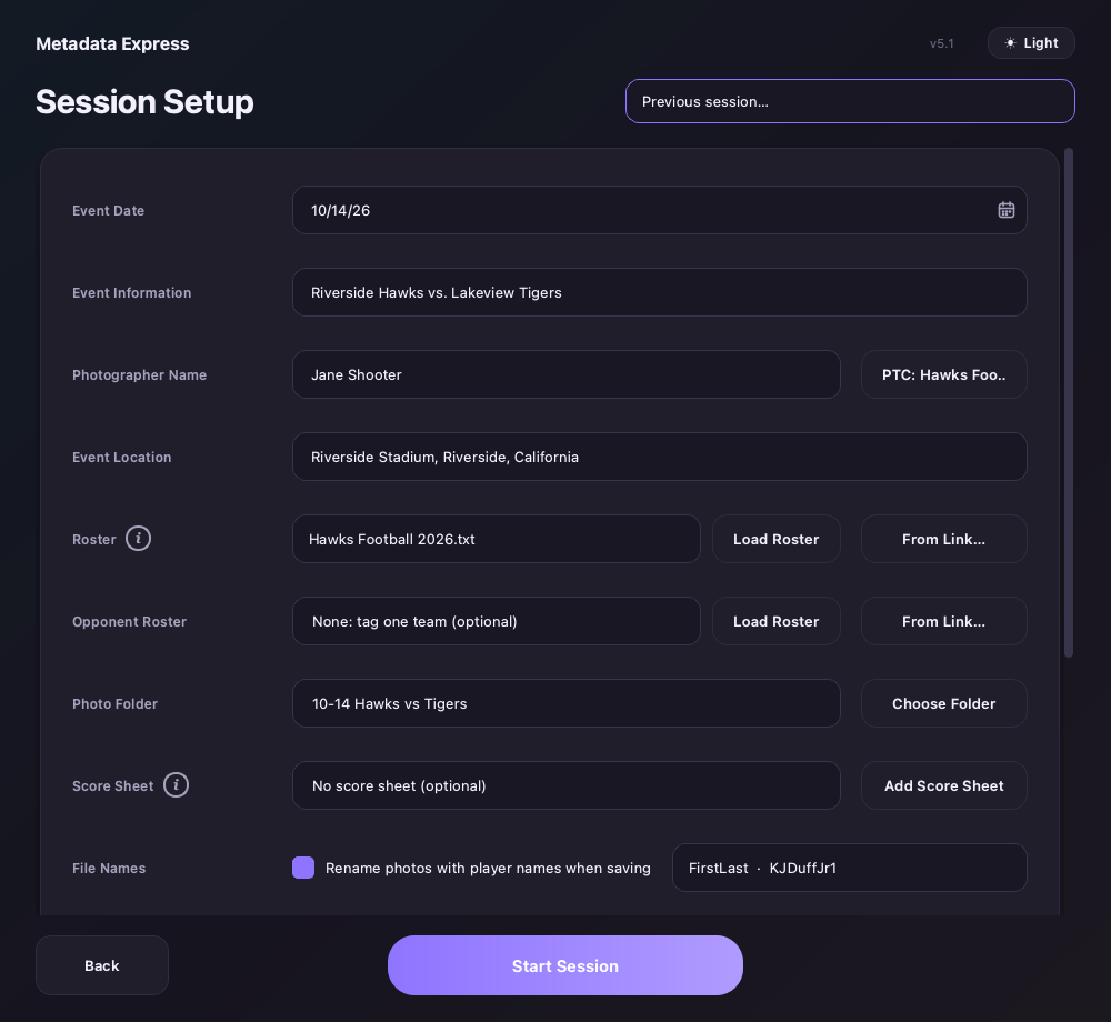 Session Setup screen with event, photographer, location and roster