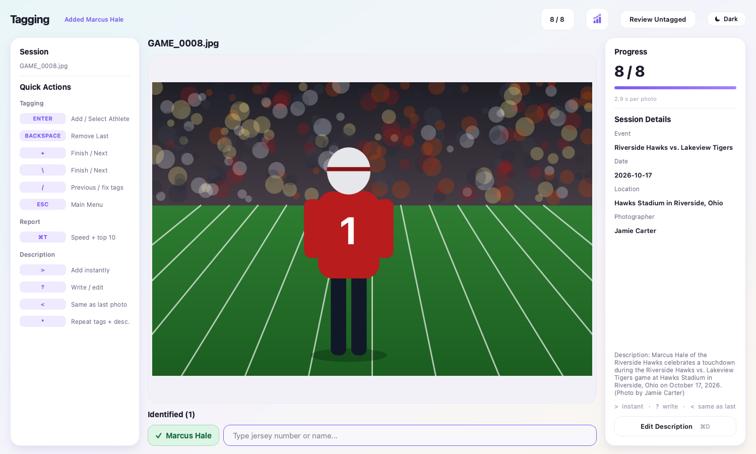 Metadata Express tagging screen: a player tagged by jersey number, with the session details and an automatic Getty-style caption